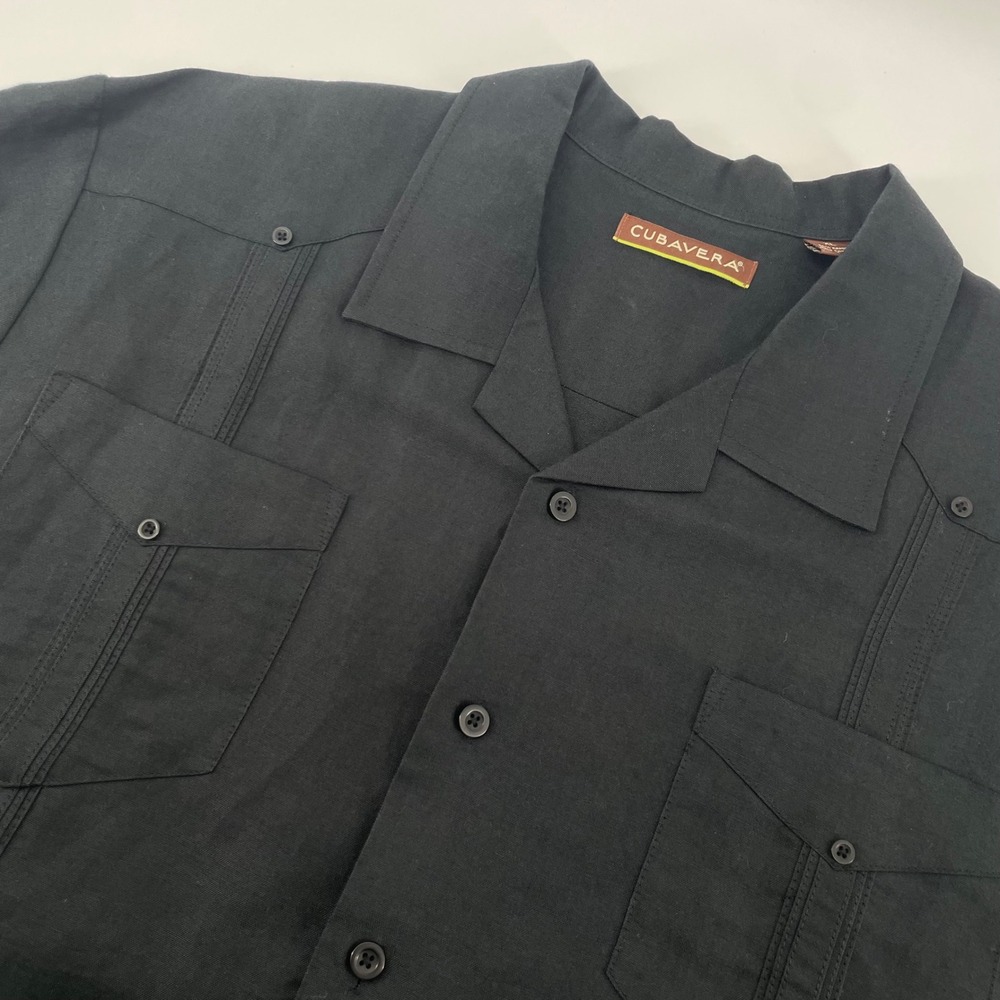 Cubavera Guayabera Shirt Mens XL Black Short Sleeve Pleated Four Pocket Tropical